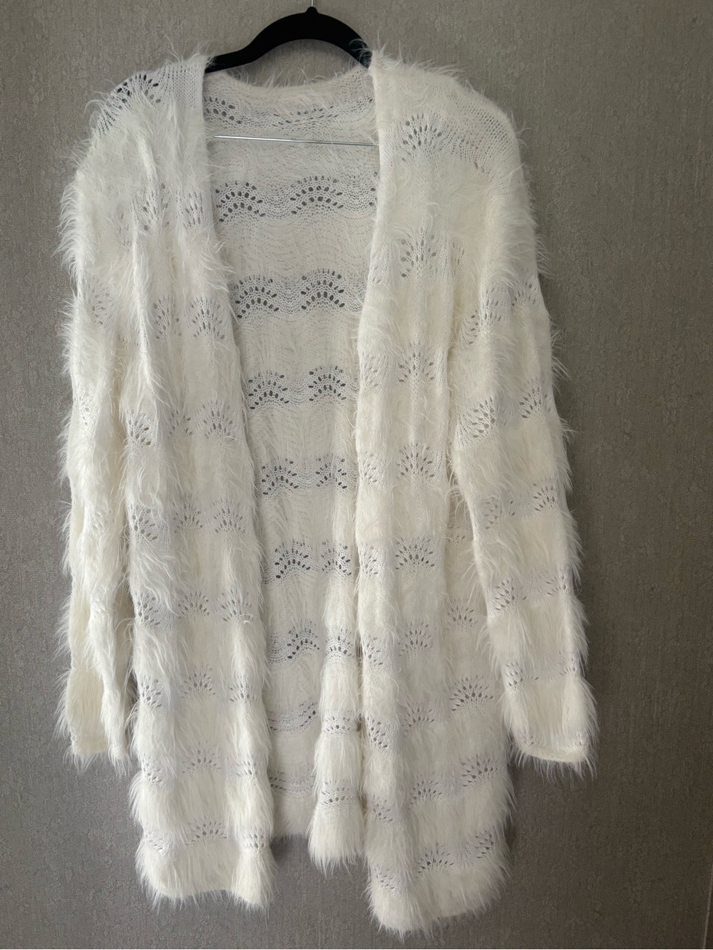 SHEIN Cream Fuzzy Open-Front Knit Cardigan